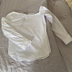 Dylan Gray off the shoulder tailored white shirt